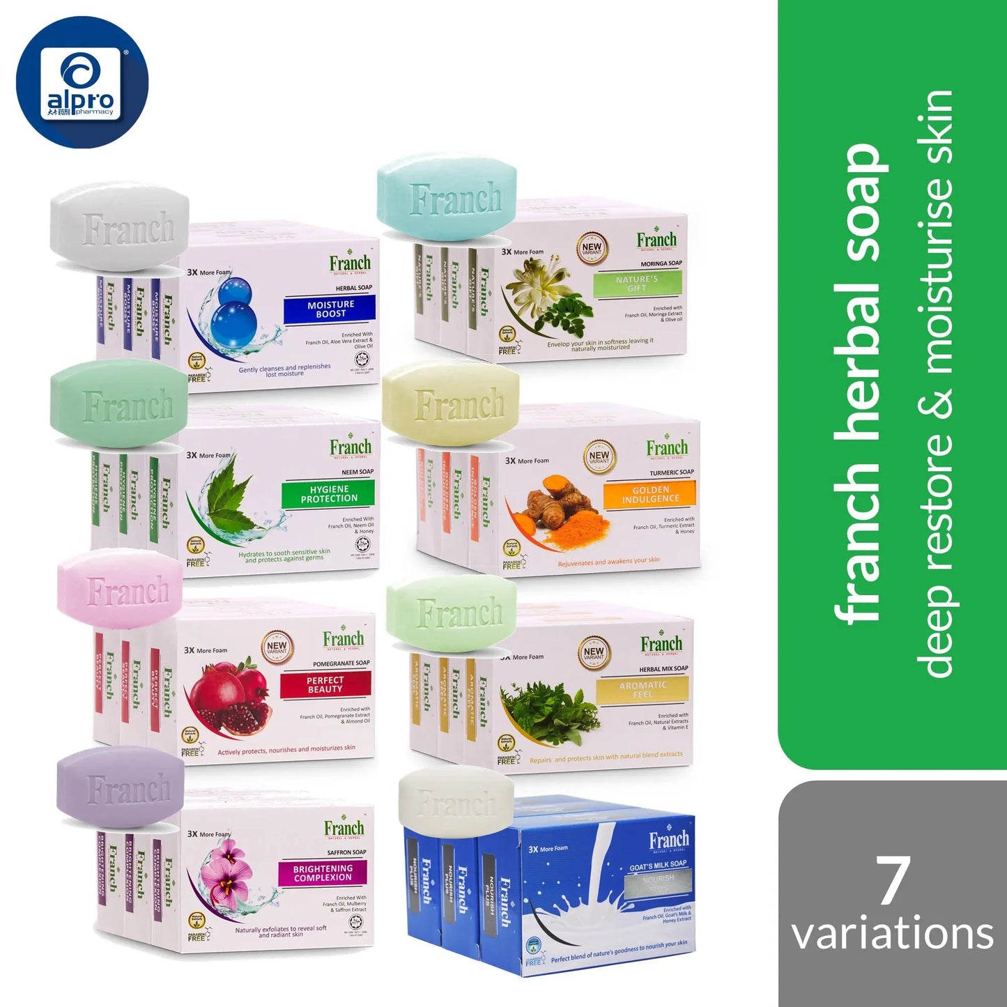 Franch Herbal Soap 100g ×3s (Assorted) | Moisturizes, Repairs and Protects Skin Franch