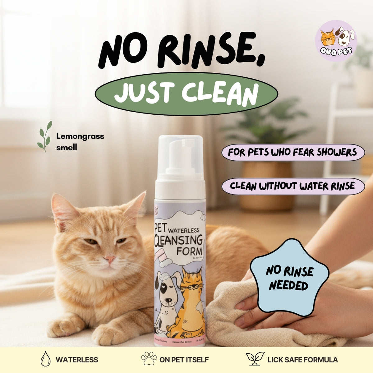 OVO Pet Waterless Cleansing Foam 200mL | Naturalise Odour & Moisturise Fur OVO Pet