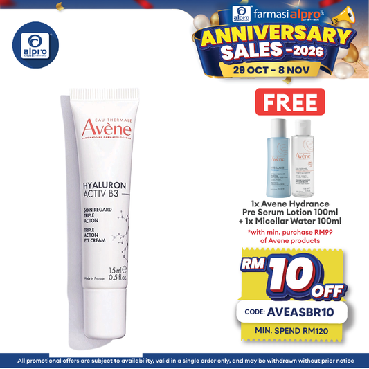 Avène Hyaluron Activ B3 Triple Action Eye Cream 15mL | Reduce Wrinkle, Eyebags, Dark Circle
