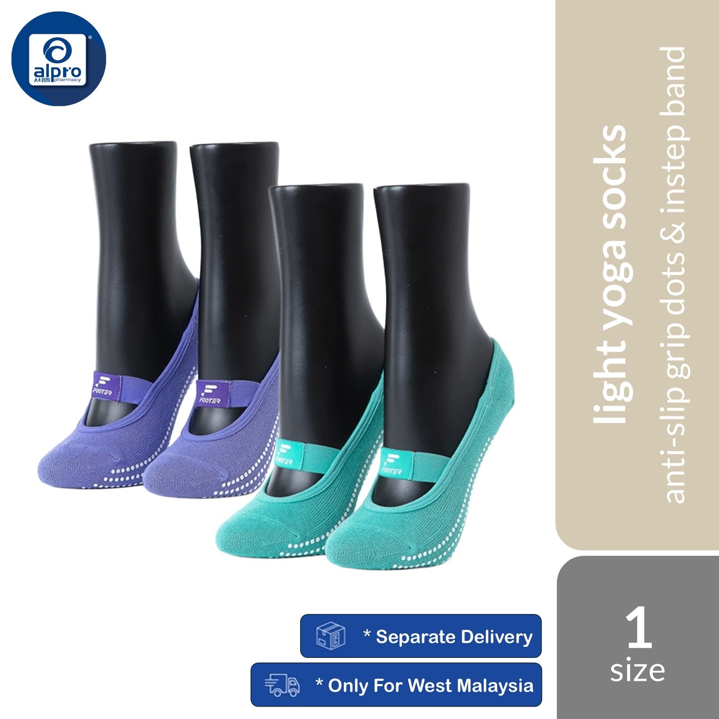 FOOTER Y90 (Purple/ Green) Anti-Bacterial Light Yoga Socks | Anti-Slip Grip Dots & Instep Band FOOTER
