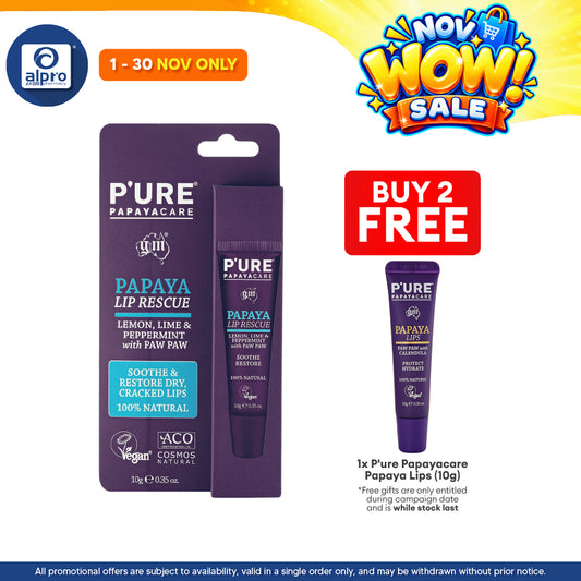 P'ure Papayacare Papaya Lips Rescue 10g | Protect & Hydrate Dry, Cracked Lips