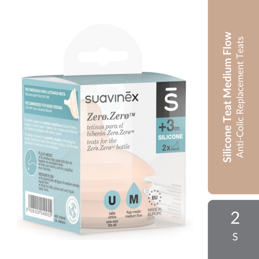 Suavinex Zero Zero Silicone Teat Medium Flow 3M+ 2s | Anti-Colic Replacement Teats With Medium Flow Suavinex