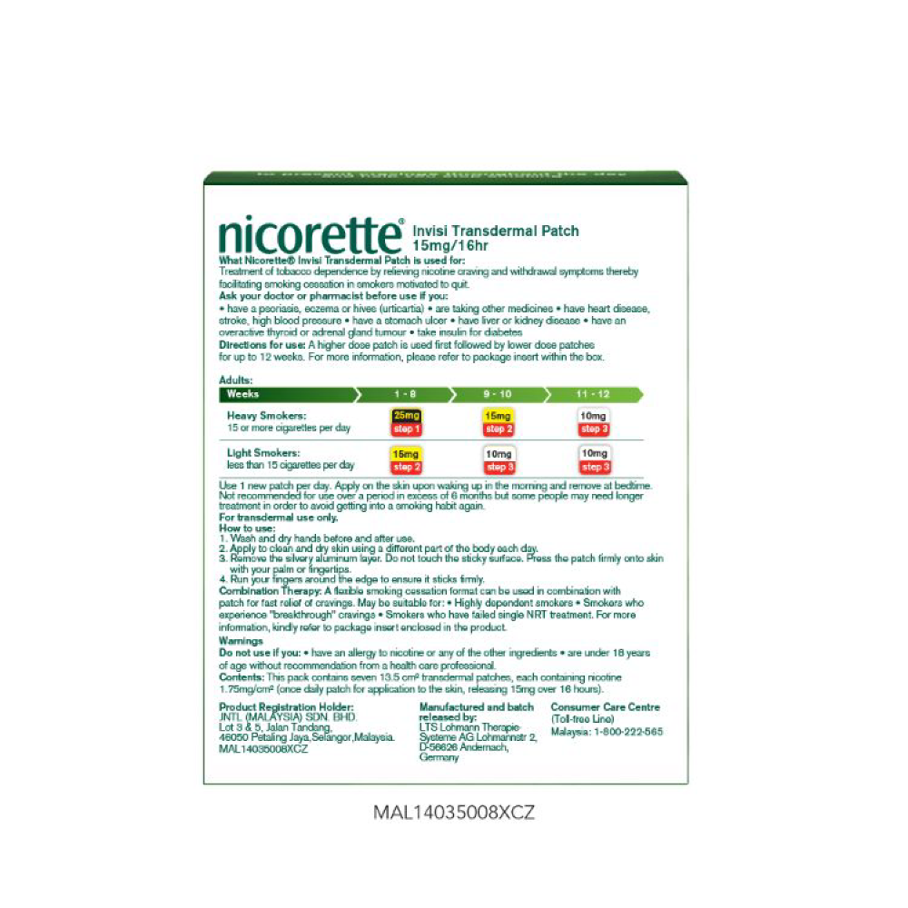 Nicorette Invisi Transdermal Patch 15mg/16 Hours 7s Nicorette