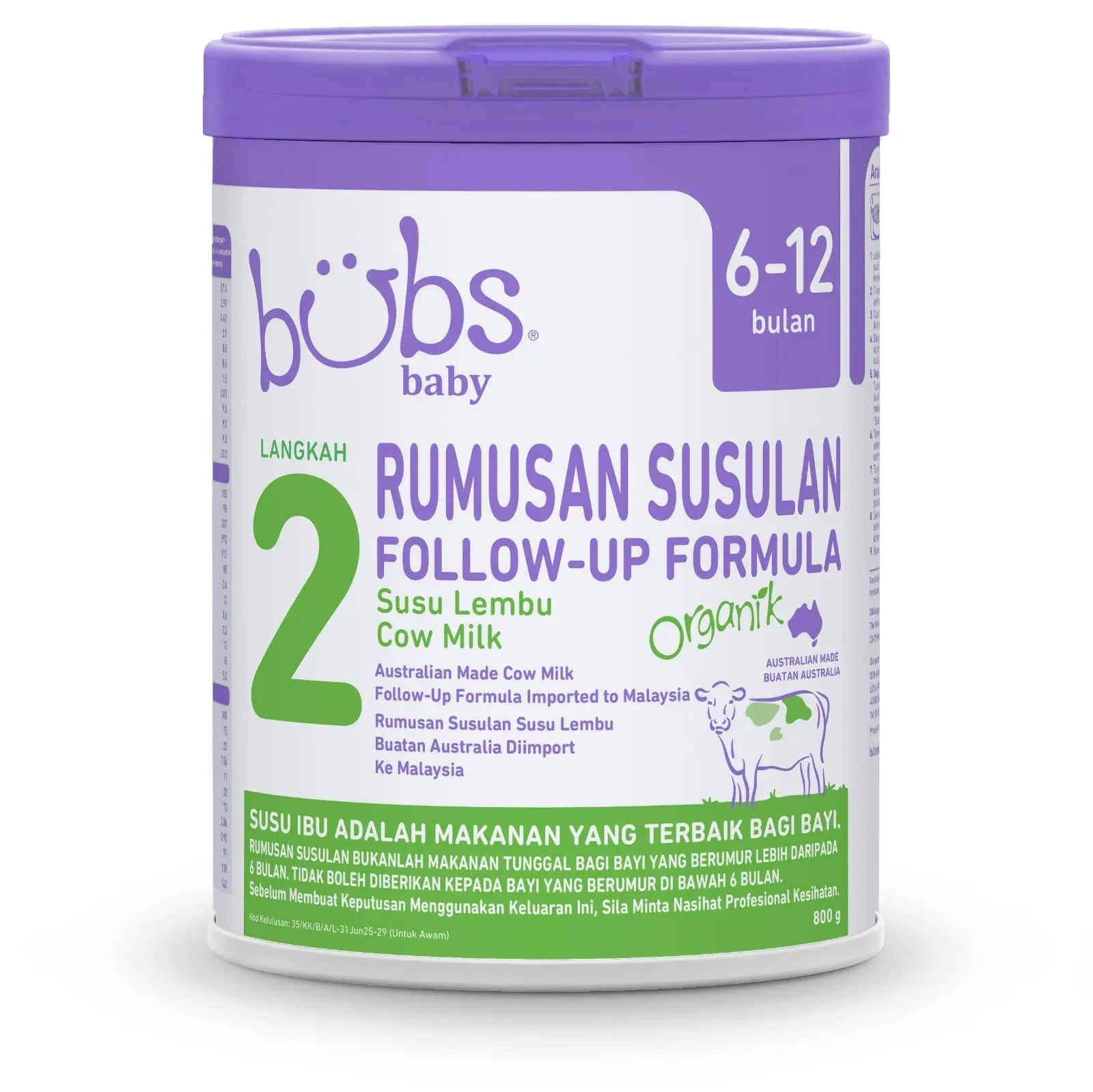 Bubs Organic Grass Fed Follow-On Milk Formula S2 800g Bubs