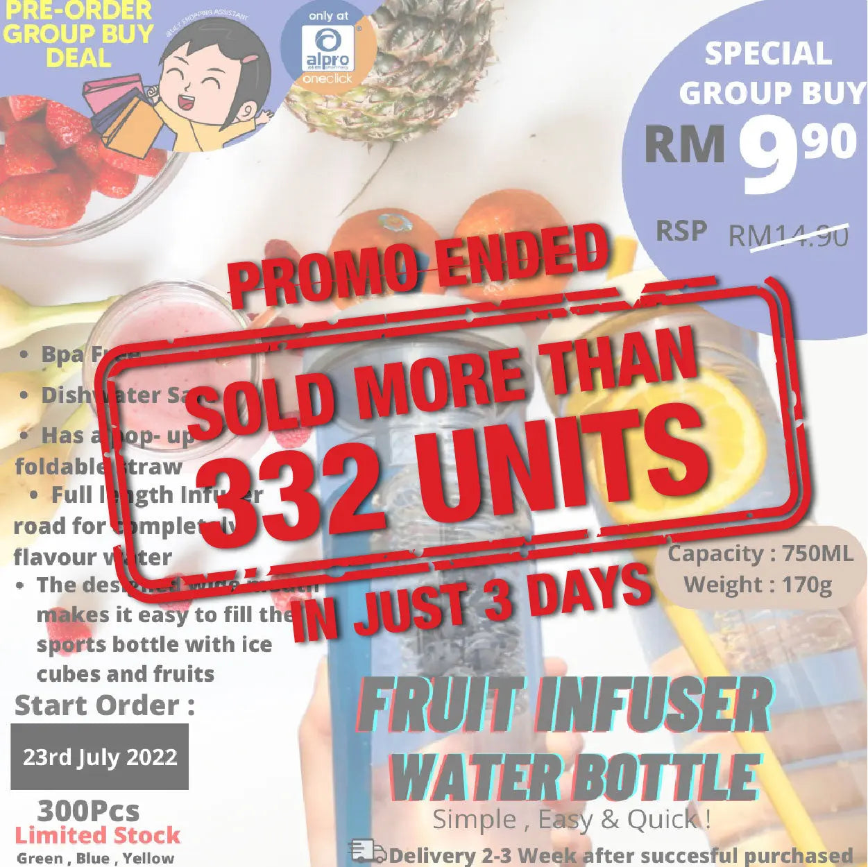 [ Group Buy Delivery Starts on 5/08/2022] Fruit Infuser Water Bottle 750ml Group Buy