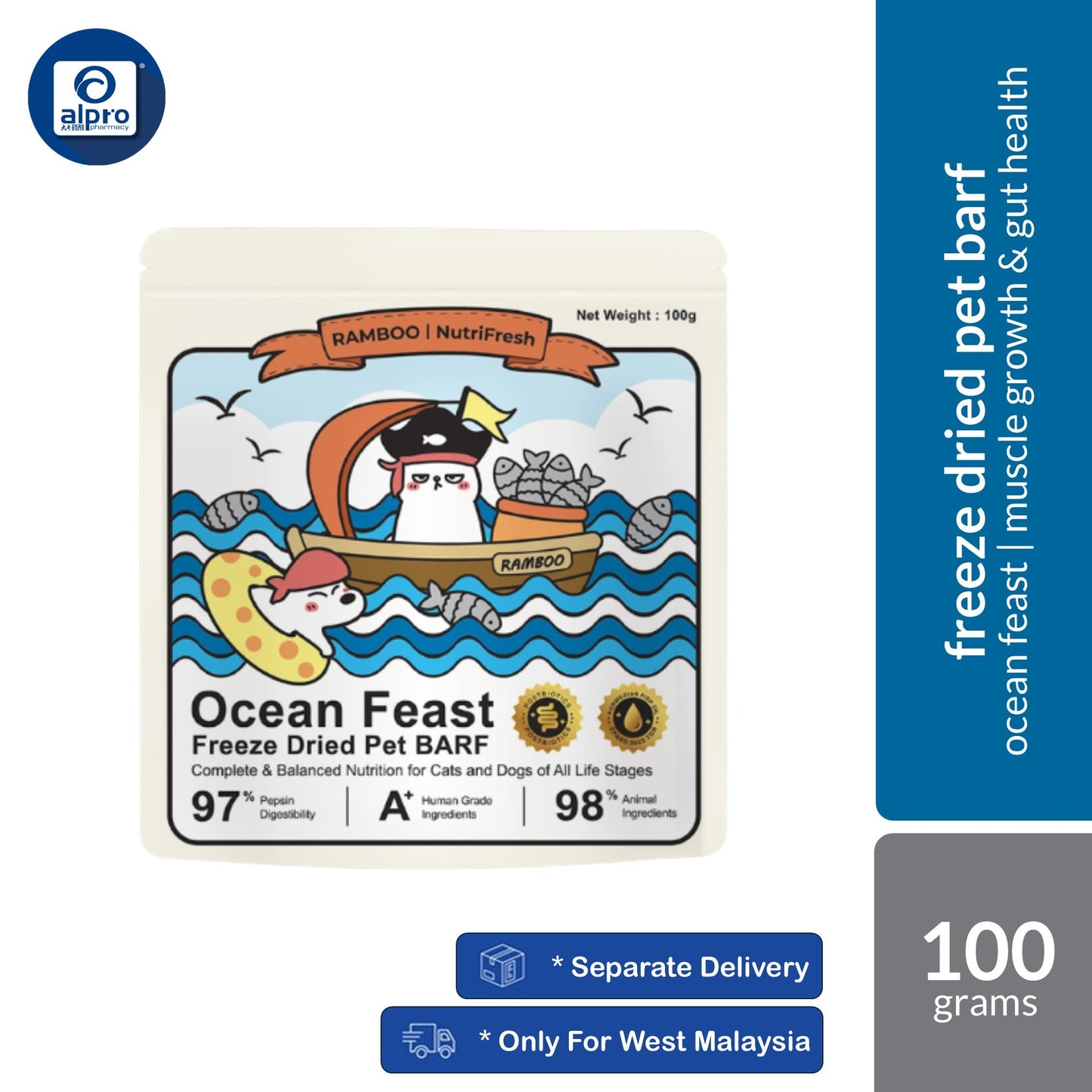 Ramboo Ocean Feast Premium Freeze-Dried Cat & Dog BARF Diet 100g | Supports Muscle Growth & Gut Health RAMBOO