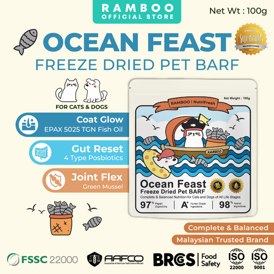 Ramboo Ocean Feast Premium Freeze-Dried Cat & Dog BARF Diet 100g ×4packs | Supports Muscle Growth & Gut Health RAMBOO
