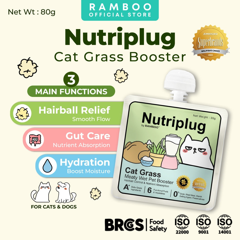 Ramboo Nutriplug Cat Grass Meaty Wet Pet Booster 80g ×12 Packs | For Hairball Control & Cat Gut Health RAMBOO
