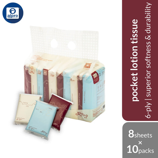 Roro ろろ Pocket Lotion Tissue 6-Ply 10sheets ×8s | Superior Softness & High-Quality Virgin Pulp Roro