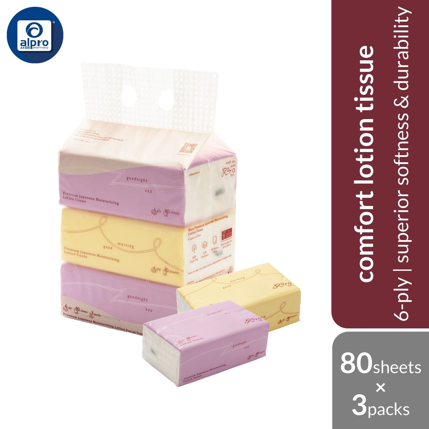 Roro ろろ Comfort Lotion Tissue 6-Ply 80sheets ×3s | Superior Softness & High-Quality Virgin Pulp Roro