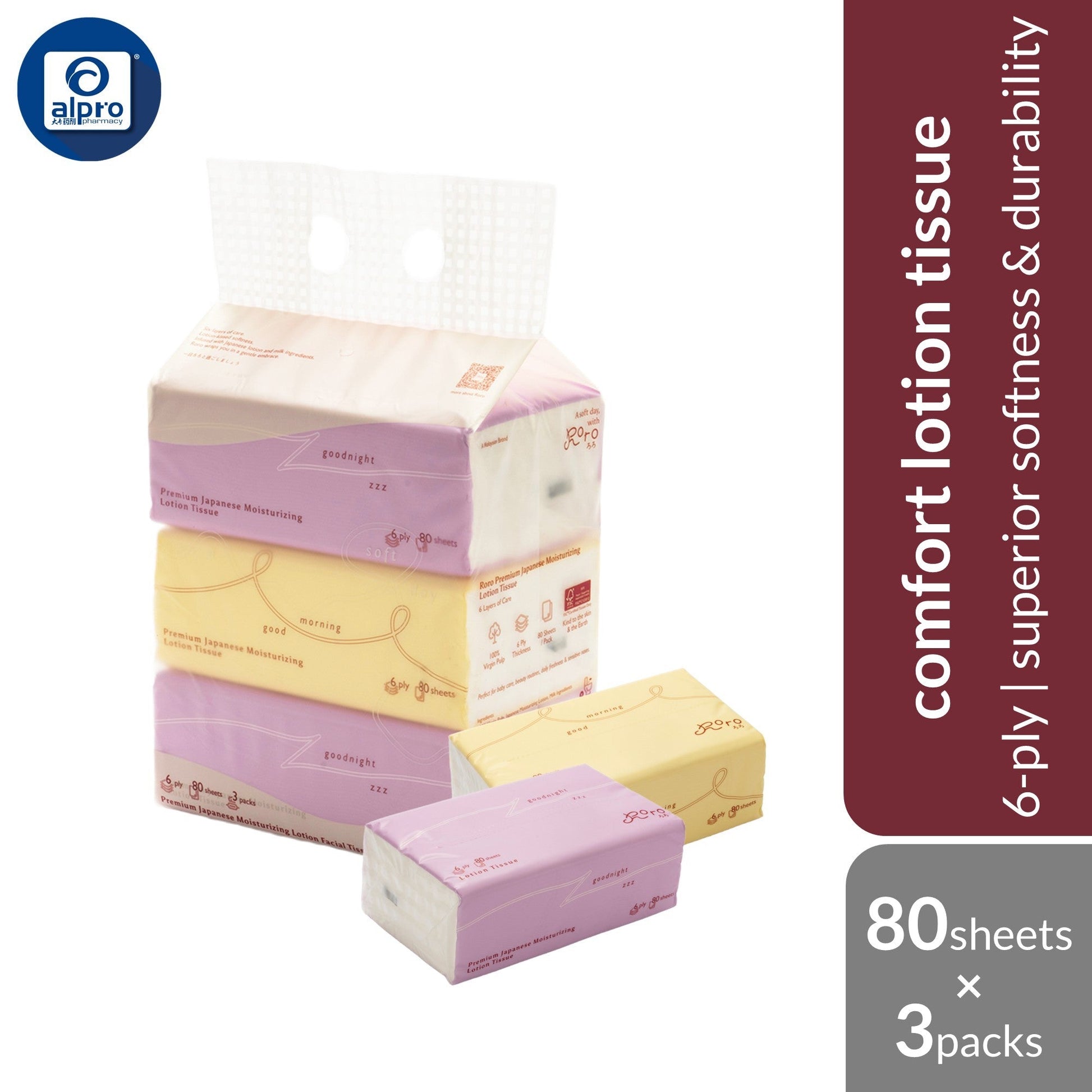 Roro ろろ Comfort Lotion Tissue 6-Ply 80sheets ×3s | Superior Softness & High-Quality Virgin Pulp Roro