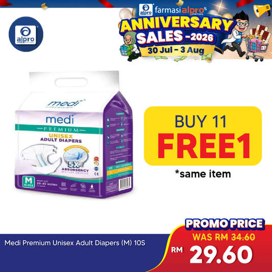 Medi Premium Unisex Adult Diapers (M) 10s | Fast Dry Absorption Medi+