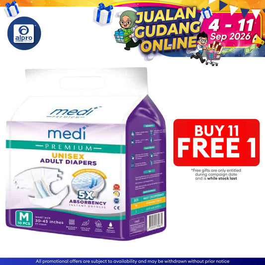 Medi Premium Unisex Adult Diapers (M) 10s | Fast Dry Absorption Medi+
