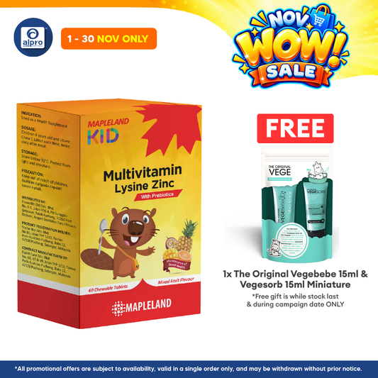 Mapleland Kid Multivitamin Lysine Zinc | Prebiotics Chewable Tablet 6X10S