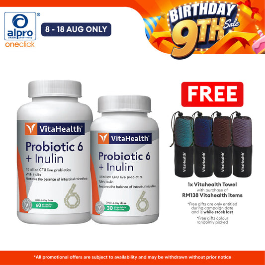 Vitahealth Probiotic 6 + Inulin 60s + 30s | Restore Intestinal Microflora Balance Vitahealth