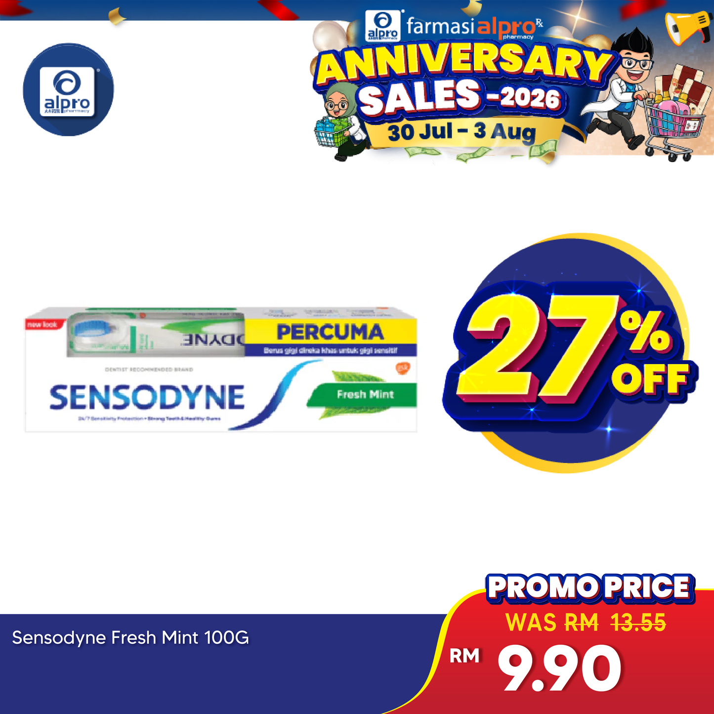 Sensodyne Fresh Mint Toothpaste 100g FREE Toothbrush | Relieve Sensitivity Sensodyne
