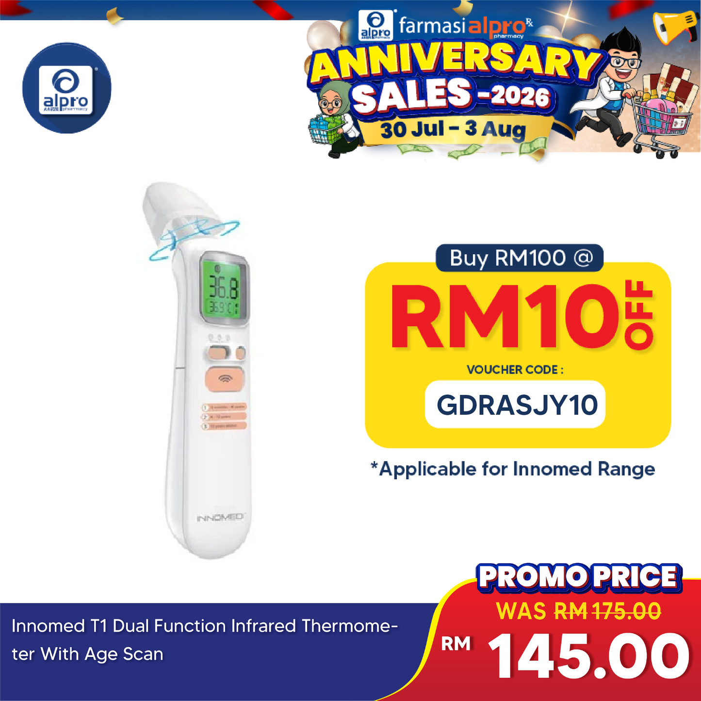 Innomed T1 Dual Function Infrared Thermometer | With Age Scan INNOMED