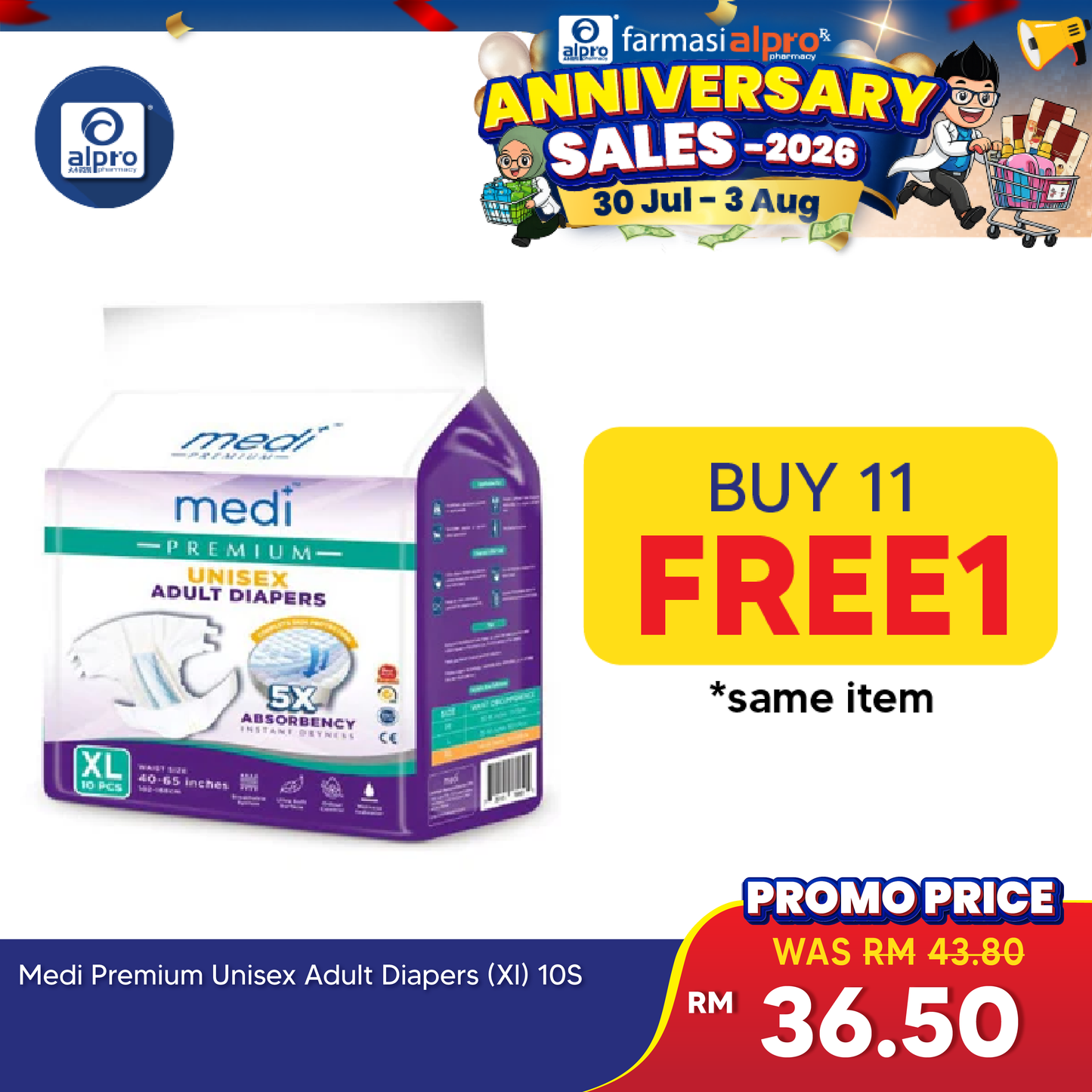Medi Premium Unisex Adult Diapers (XL) 10s | 5X Absorbency Medi+