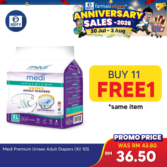 Medi Premium Unisex Adult Diapers (XL) 10s | 5X Absorbency Medi+