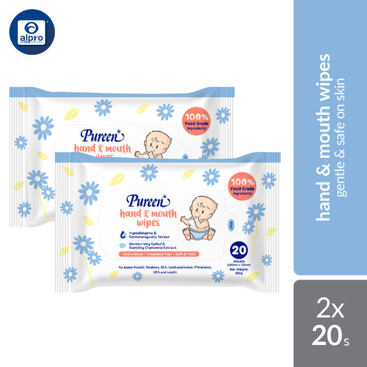 Pureen Hand & Mouth Wipes 2x20s | Gentle and Safe on Skin