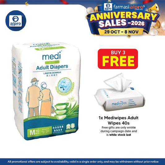 Medi Lite Unisex Adult Diapers 10's ( M /L /XL) | Double-Layer Absorben