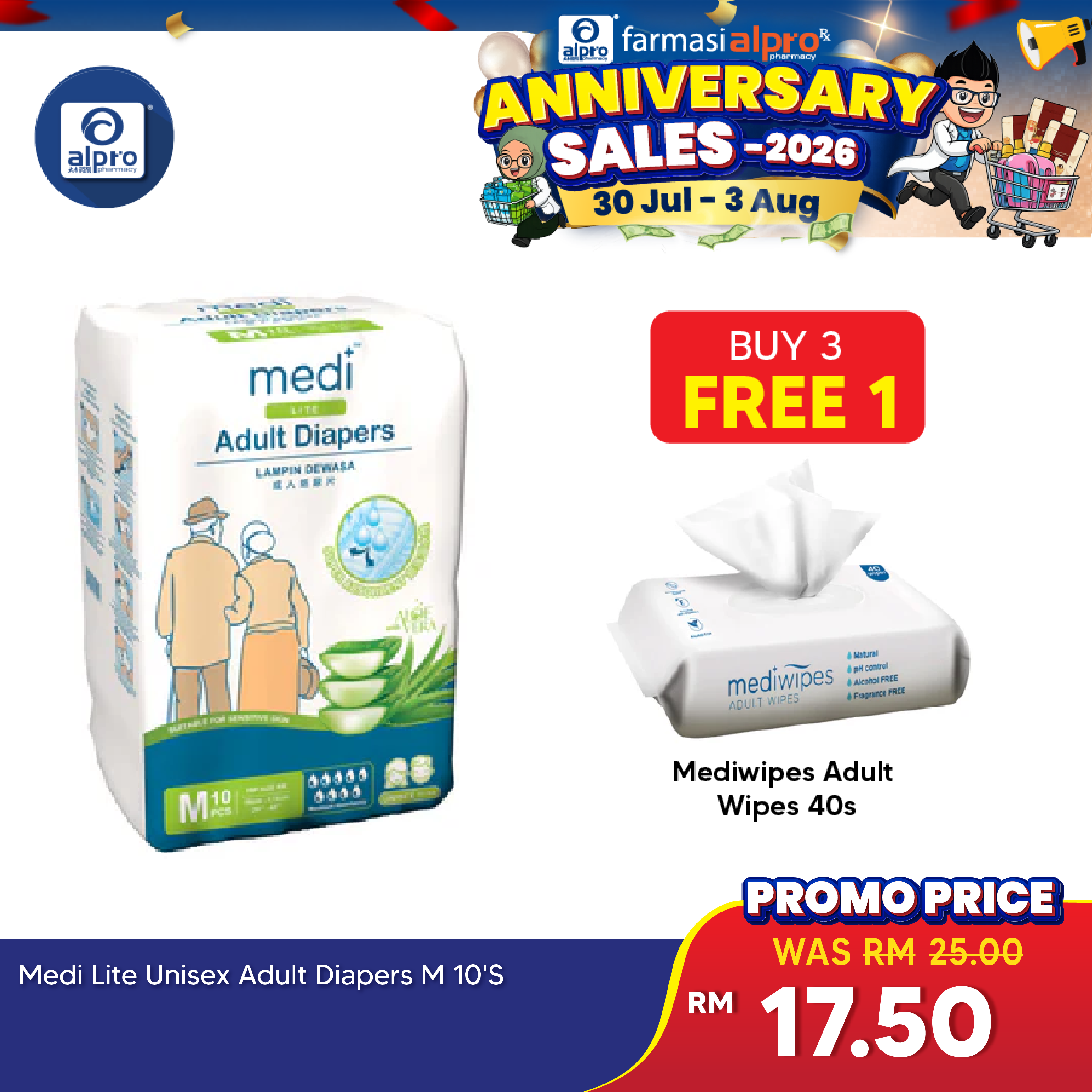 Medi Lite Unisex Adult Diapers 10's ( M /L /XL) | Double-Layer Absorben Medi+