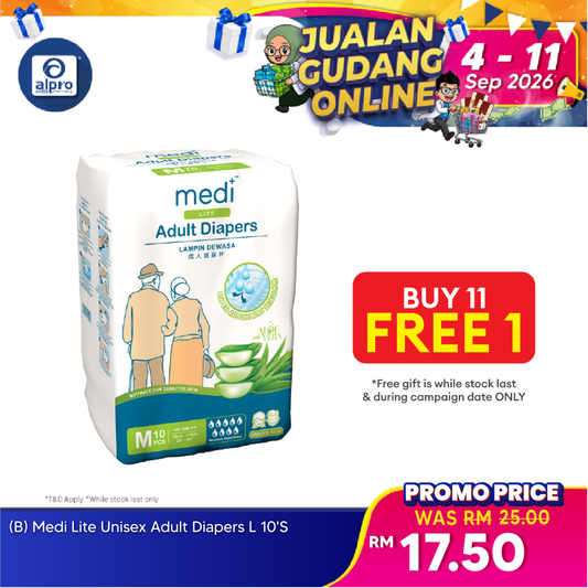 Medi Lite Unisex Adult Diapers 10's ( M /L /XL) | Double-Layer Absorben Medi+