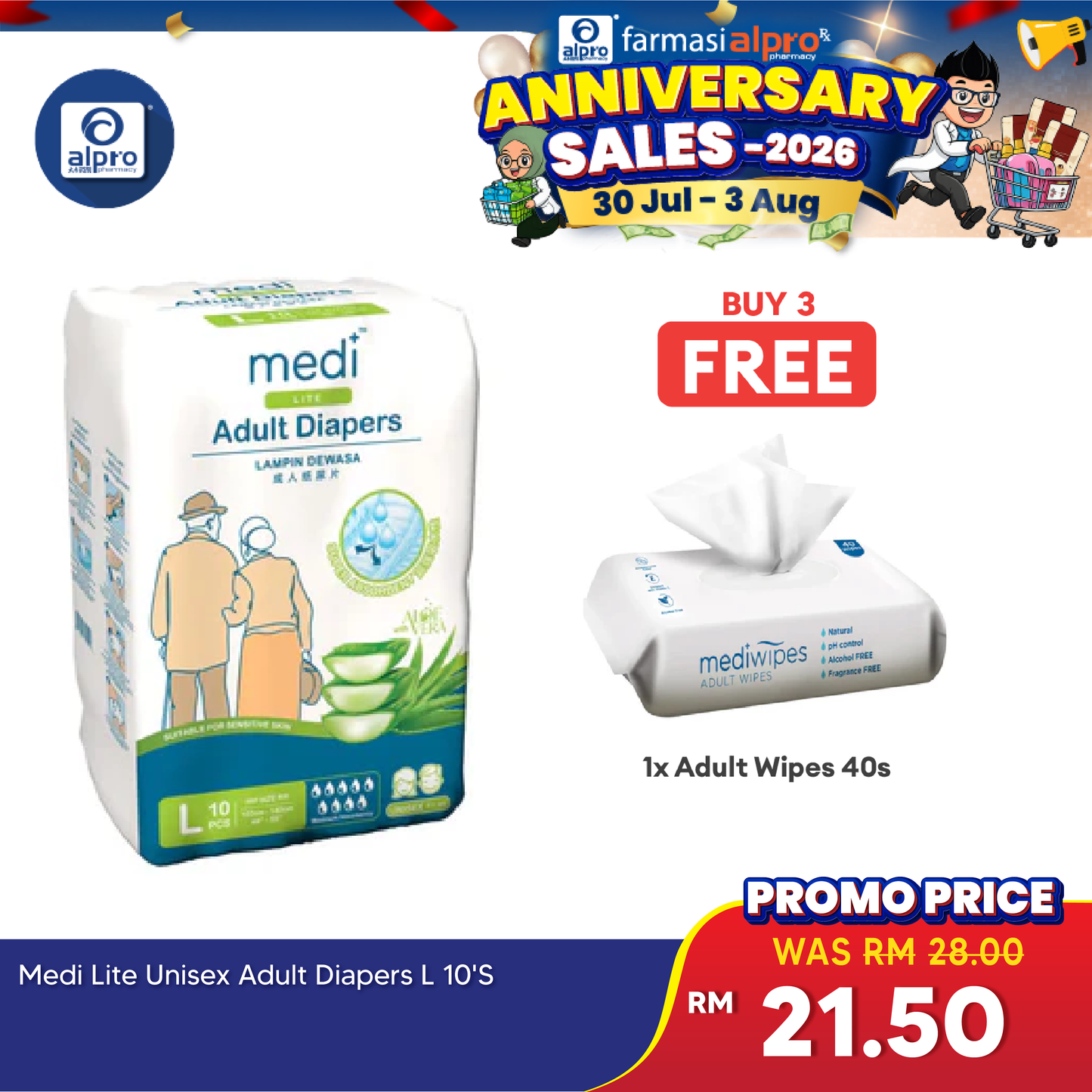 Medi Lite Unisex Adult Diapers 10's ( M /L /XL) | Double-Layer Absorben Medi+