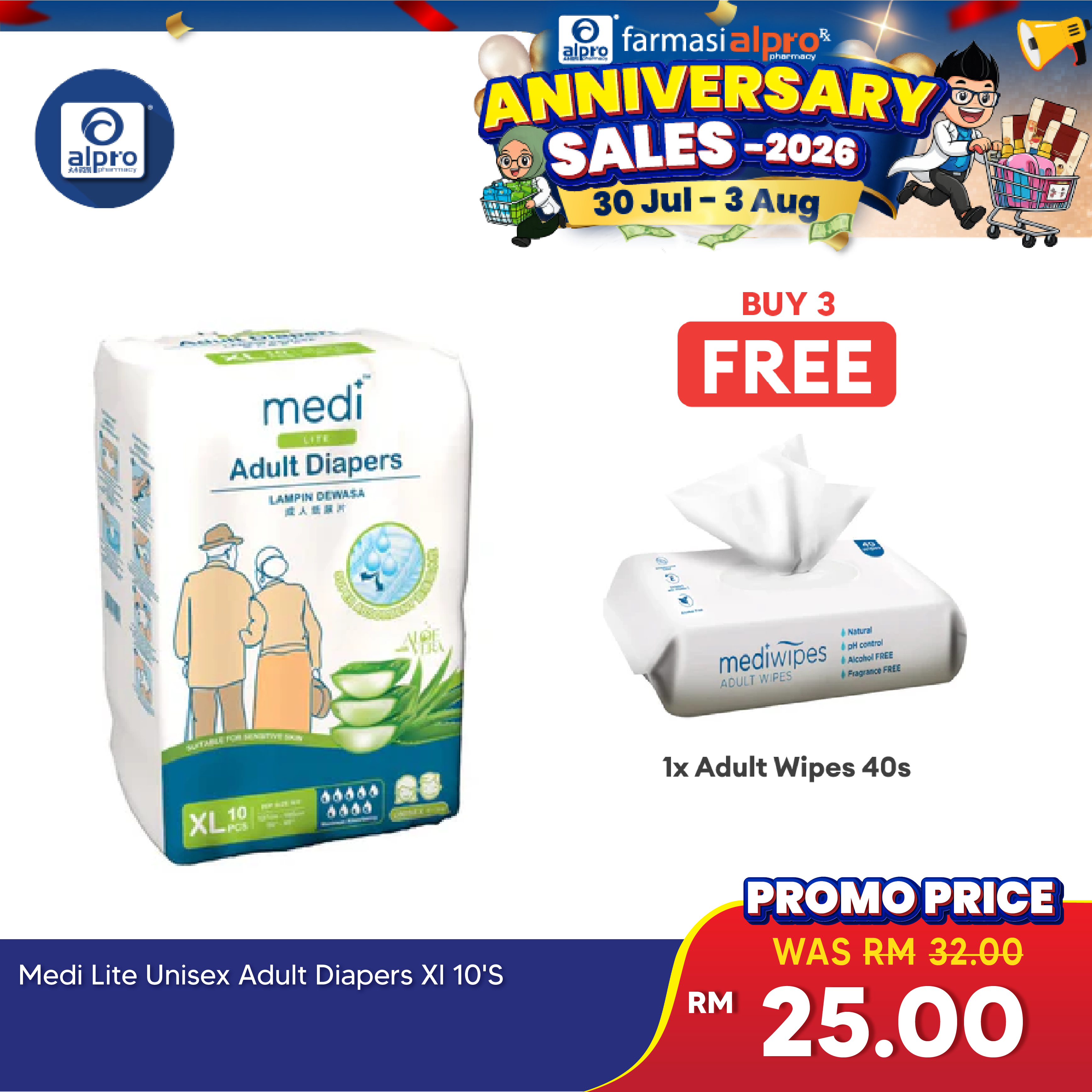 Medi Lite Unisex Adult Diapers 10's ( M /L /XL) | Double-Layer Absorben Medi+