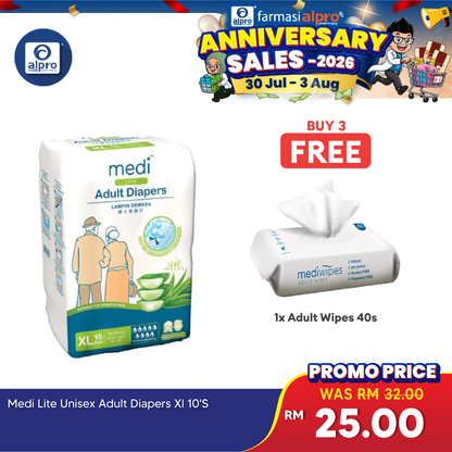 Medi Lite Unisex Adult Diapers 10's ( M /L /XL) | Double-Layer Absorben Medi+