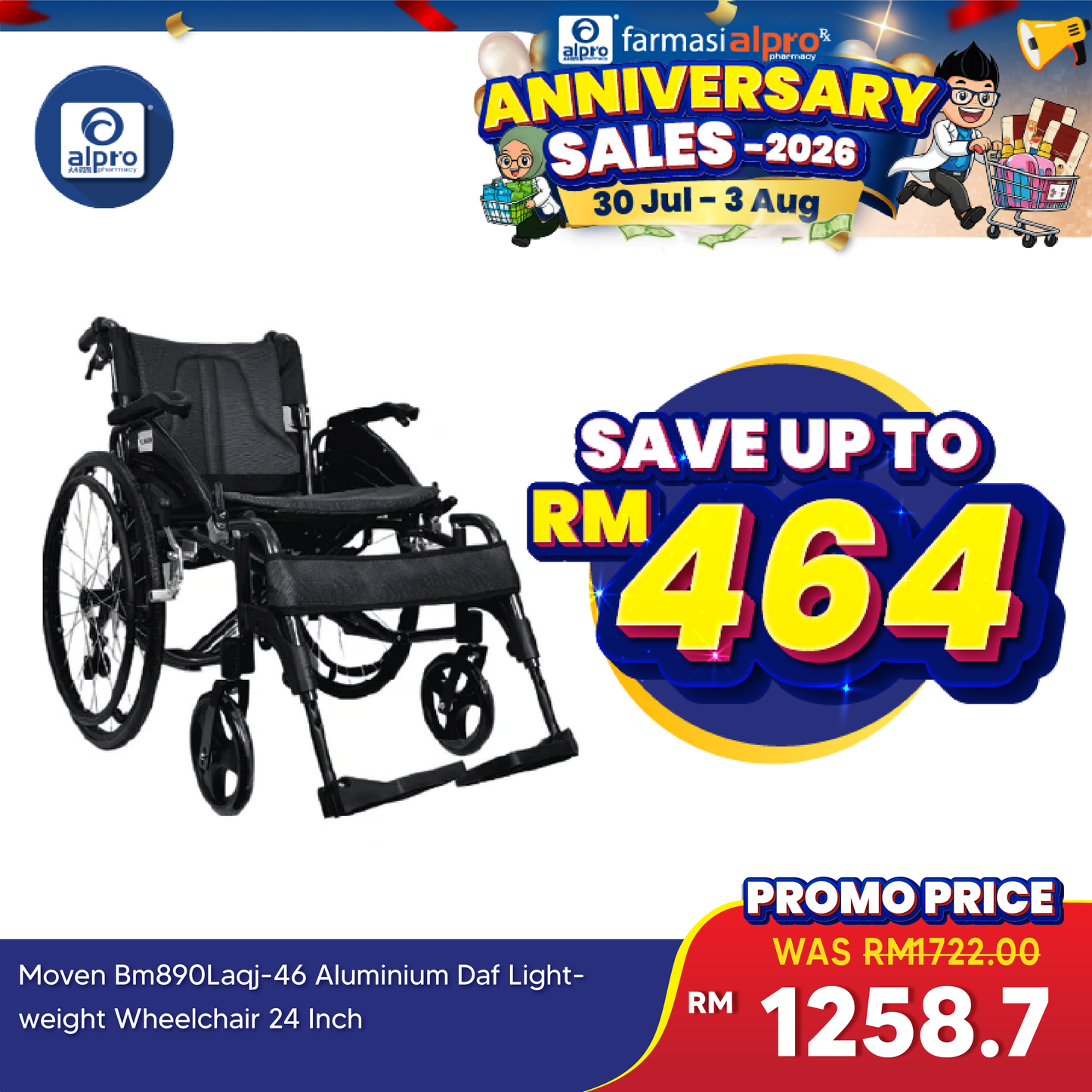 Moven BM890LAQJ-46 Aluminium DAF Lightweight Wheelchair 24 Inch Moven