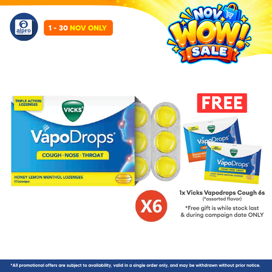 Vicks Vapodrops Cough Honey Lemon 12s x 6 | Triple Action Lozenges