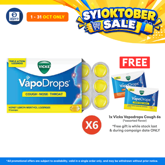 Vicks Vapodrops Cough Honey Lemon 12s x 6 | Triple Action Lozenges