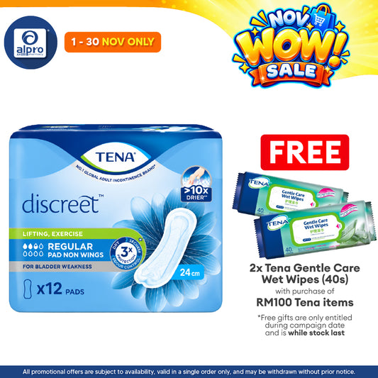 Tena Discreet Regular Pad 12 pads | to absorb urine drips/leaks | Non Wings 24cm 12s / Wings 24cm 12s / Non Wings 27.5cm