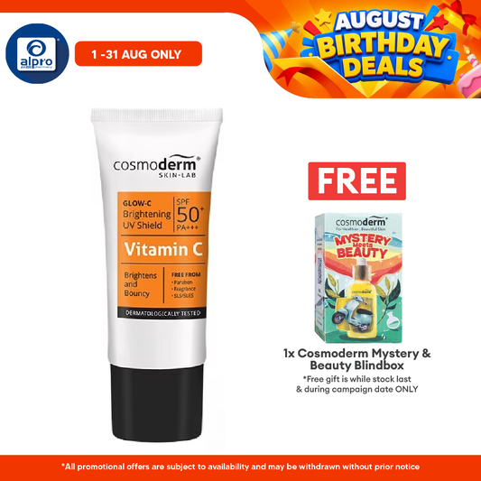Cosmoderm Glow-C Brightening UV Shield SPF50+ PA+++ 30ml | Sunblock For Face & Body Cosmoderm