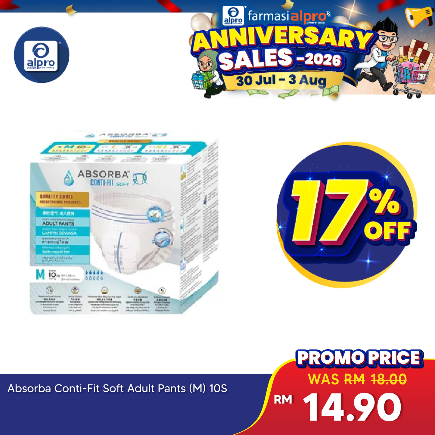 Absorba Conti-Fit Soft Adult Pants 10s (M) | Soft and Breathable Alpro Pharmacy
