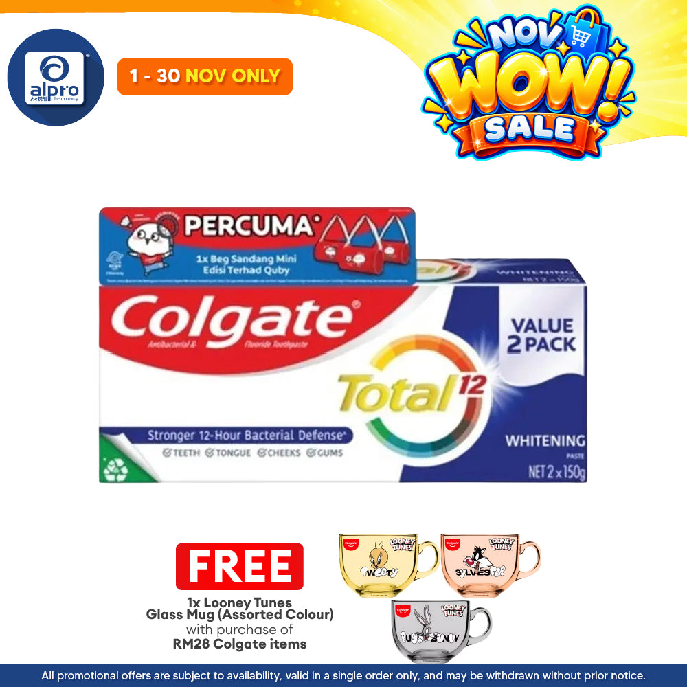 Colgate Total Whitening 150g 2s Free Quby Sling Bag | Provides Protection Against Bacteria