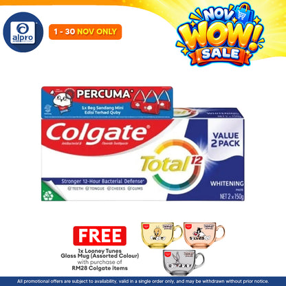 Colgate Total Whitening 150g 2s Free Quby Sling Bag | Provides Protection Against Bacteria