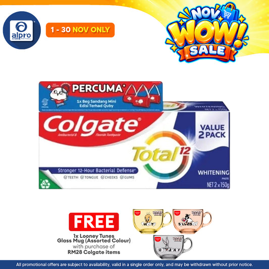 Colgate Total Whitening 150g 2s Free Quby Sling Bag | Provides Protection Against Bacteria
