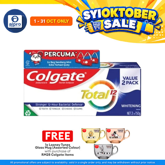 Colgate Total Whitening 150g 2s Free Quby Sling Bag | Provides Protection Against Bacteria