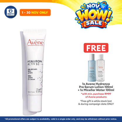 Avène Hyaluron Activ B3 Triple Action Eye Cream 15mL | Reduce Wrinkle, Eyebags, Dark Circle