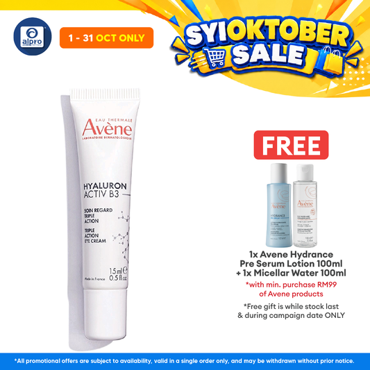 Avène Hyaluron Activ B3 Triple Action Eye Cream 15mL | Reduce Wrinkle, Eyebags, Dark Circle