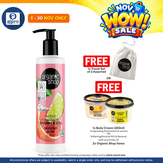 Organic Shop Active Invigorating Shower Gel Grapefruit and Lime 280mL | Softens & Recharges Skin