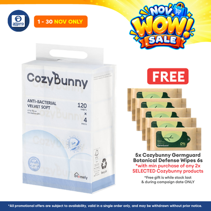 CozyBunny Velvet Soft Antibacterial Facial Tissues 4ply (Homely 120s/ Go-To 40s) | Antibacterial & Soothe Skin