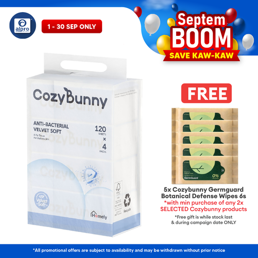 CozyBunny Velvet Soft Antibacterial Facial Tissues 4ply (Homely 120s/ Go-To 40s) | Antibacterial & Soothe Skin CozyBunny