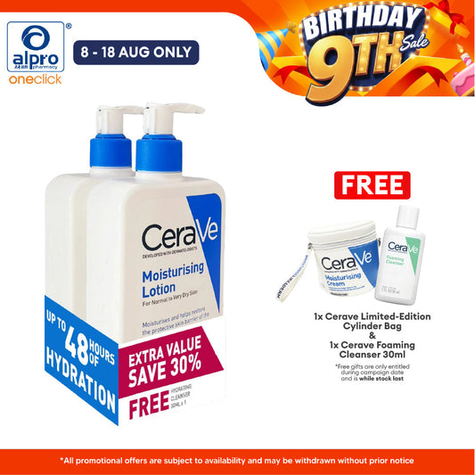 Cerave Moisturising Lotion 473mL 2s + Hydrating Cleanser 30mL | Lightweight Lotion Non-Oily With Ceramides Cerave