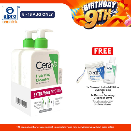 CeraVe Hydrating Cleanser 473mL 2s + Moisturising Cream 15mL | Restore Skin’s Natural Barrier Cerave