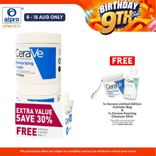 CeraVe Moisturising Cream 2s + Hydrating Cleanser 30mL | Non-Greasy & Sticky & No Fragrance Cerave