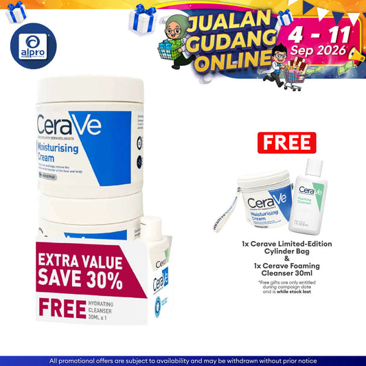 CeraVe Moisturising Cream 2s + Hydrating Cleanser 30mL | Non-Greasy & Sticky & No Fragrance Cerave