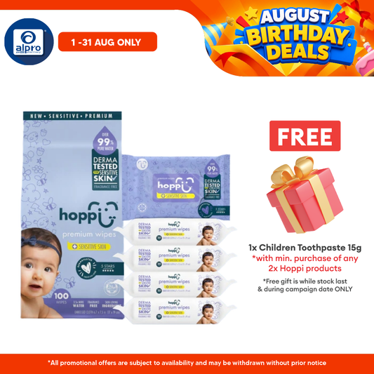 Hoppi 99% Premium Water Baby Wipes 20 Sheets per Pack - 5 In 1 Bundle Pack | Suitable For Newborns & Sensitive Skins Hoppi